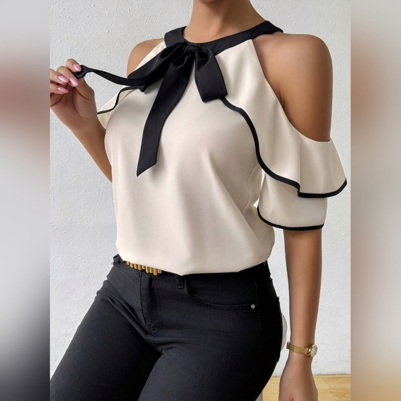 Elegant Cream and Black Off-Shoulder Top A Just Jen Fav!! - Picture 4 of 10